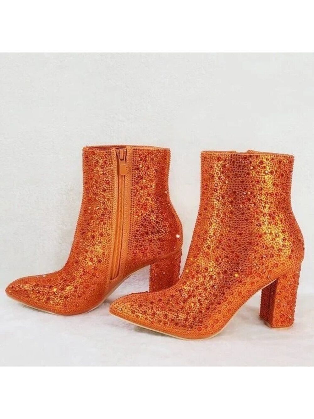 NIB Crystel Orange Rhinestone Block Heel Sparkling Ankle Boots - Picture 5 of 7
